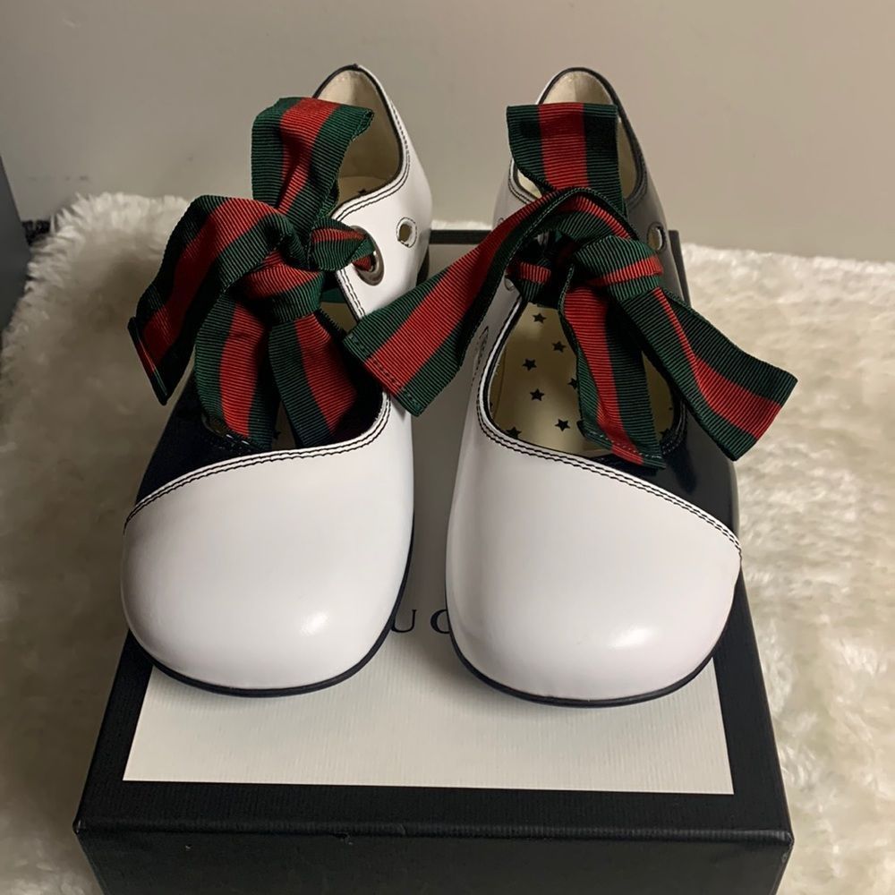 GIRLS GUCCI LEATHER BALLET FLAT SHOES BLACK/WHITE